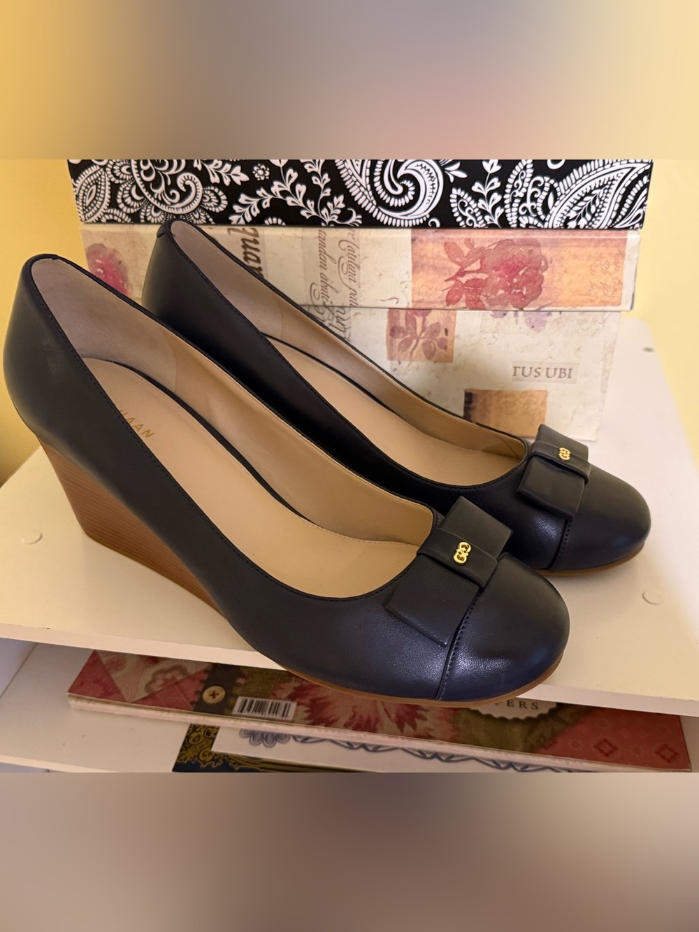 Cole Haan Navy Leather Bow Wedge Pumps